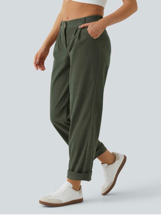 HALARA Pants - Halara Mid Rise Zipper Pocket Corduroy Casual Pants in colour Rifle Green